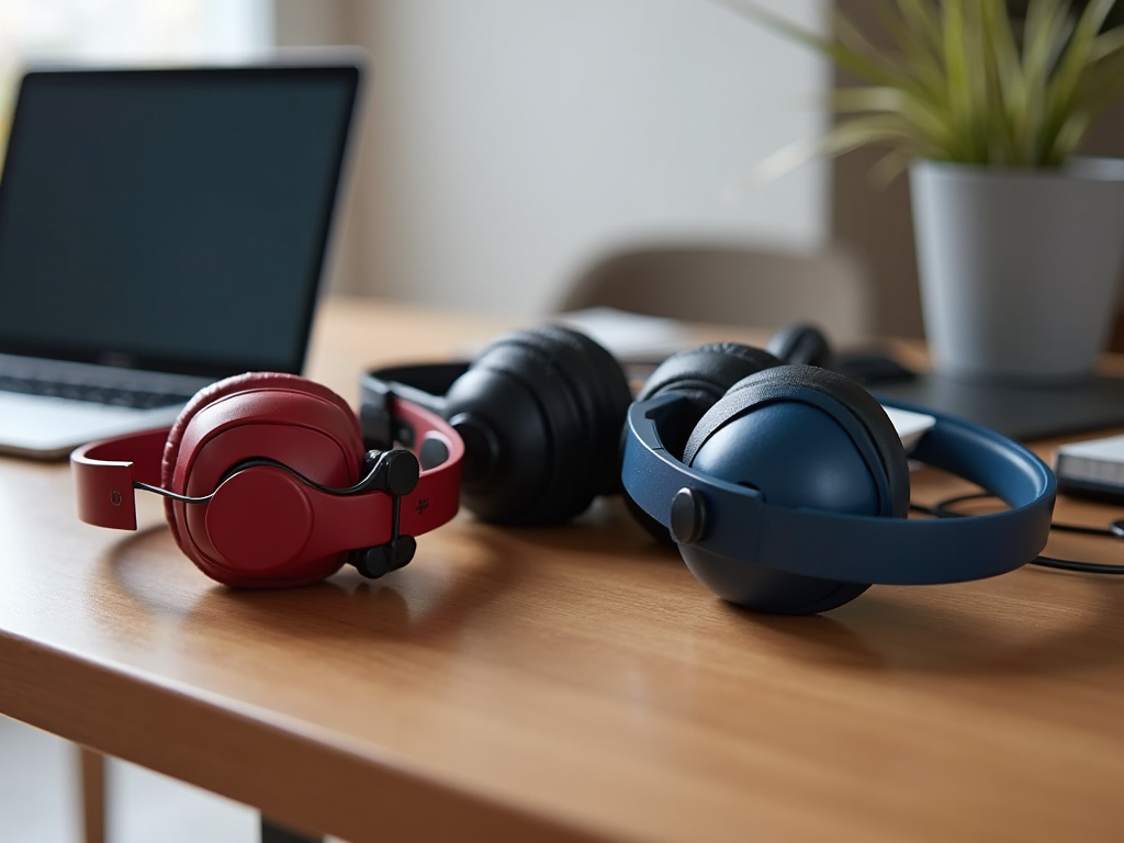 Three headphones on a desk beside a laptop and a potted plant.