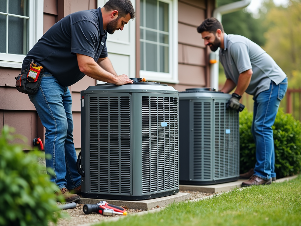 Two technicians servicing outdoor air conditioning units at a residential home.