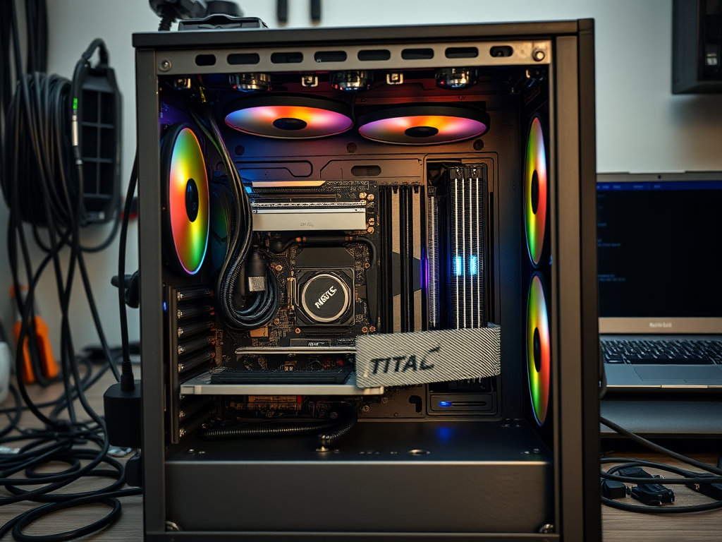 A close-up of a gaming PC interior featuring RGB fans, a motherboard, and a graphics card. Cables are visible.