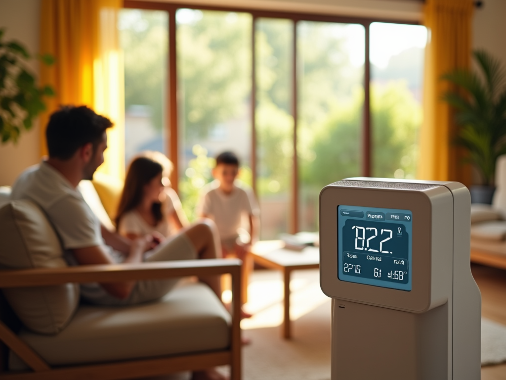 A digital device displaying time and temperature in a sunny living room with a family in the background.