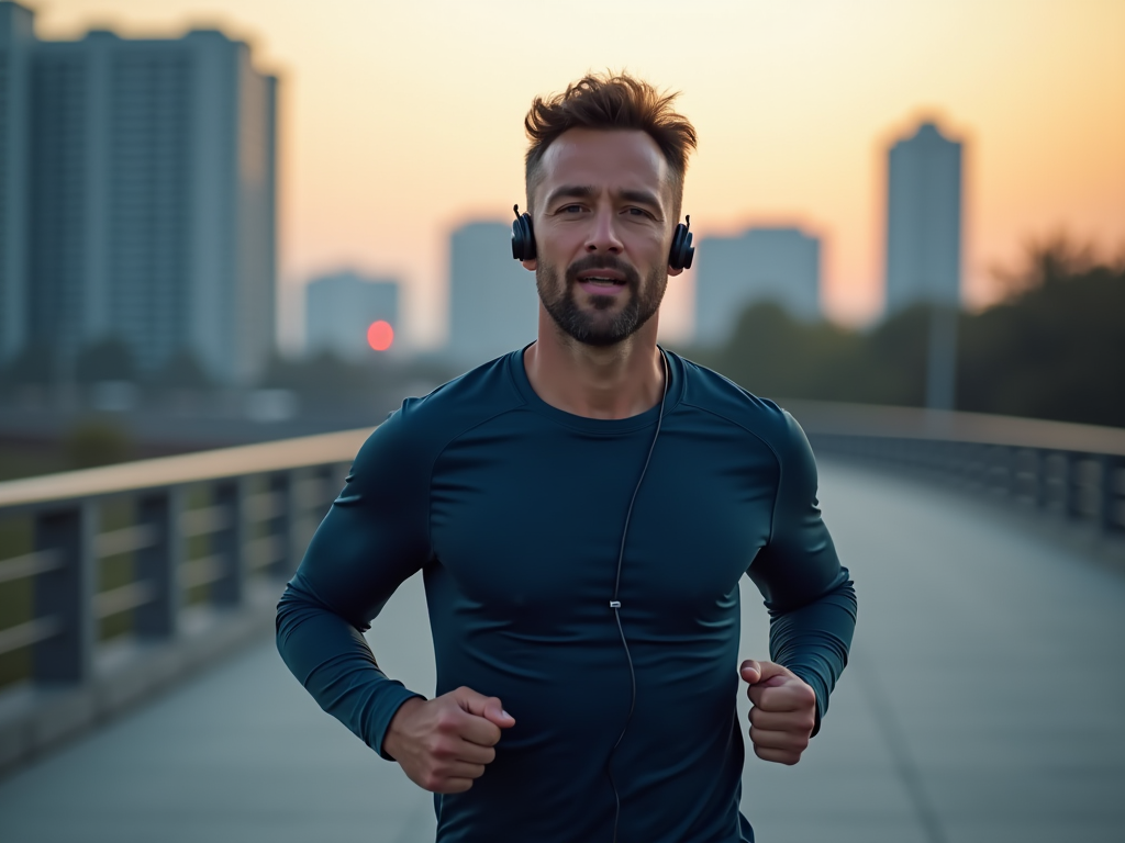 Man jogging on a bridge at sunset, wearing headphones and a dark athletic shirt.