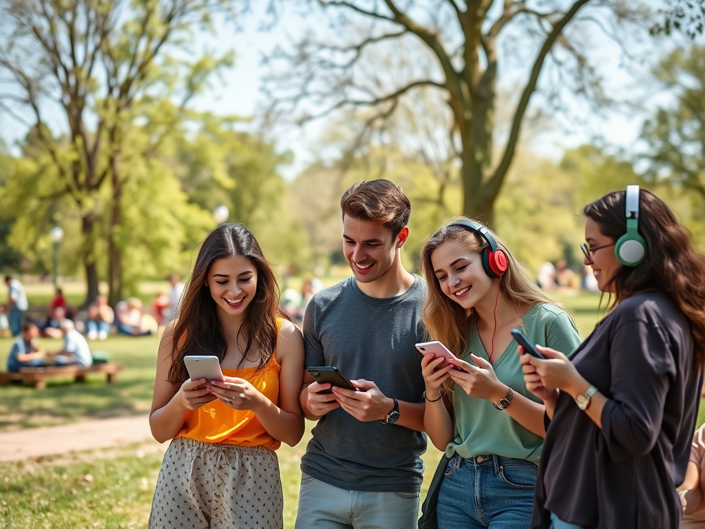 Four young people stand outdoors in a park, looking at their phones and smiling, enjoying a sunny day together.