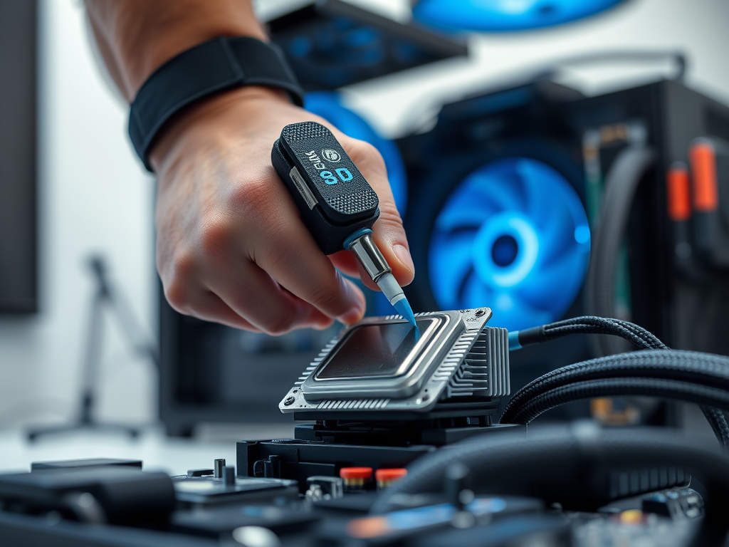 A hand holds a tool, applying thermal paste on a CPU, with computer parts and blue fans in the background.
