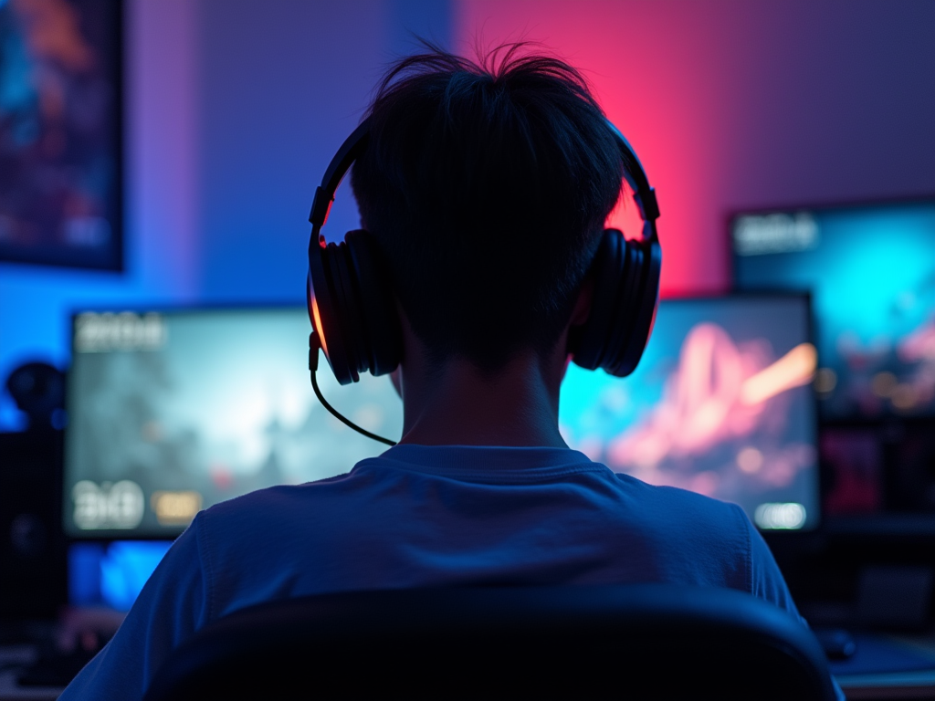 Person in headphones gaming in a room with neon lights and multiple computer screens.