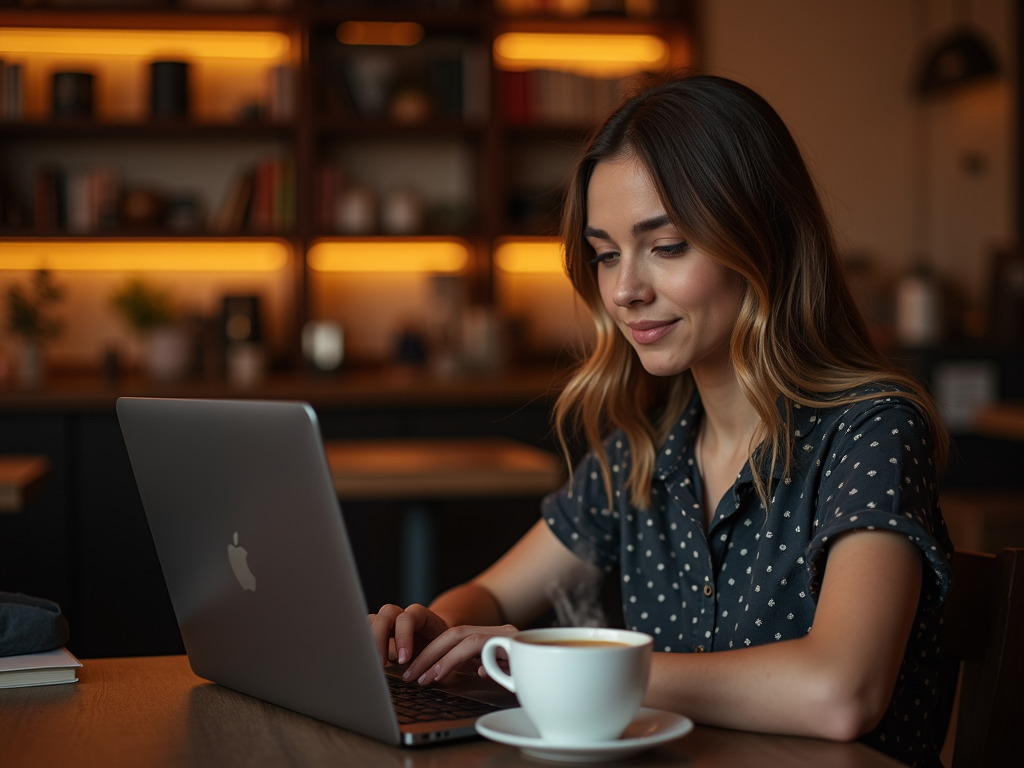 Young woman working on a laptop in a cozy café, with a coffee cup in front.