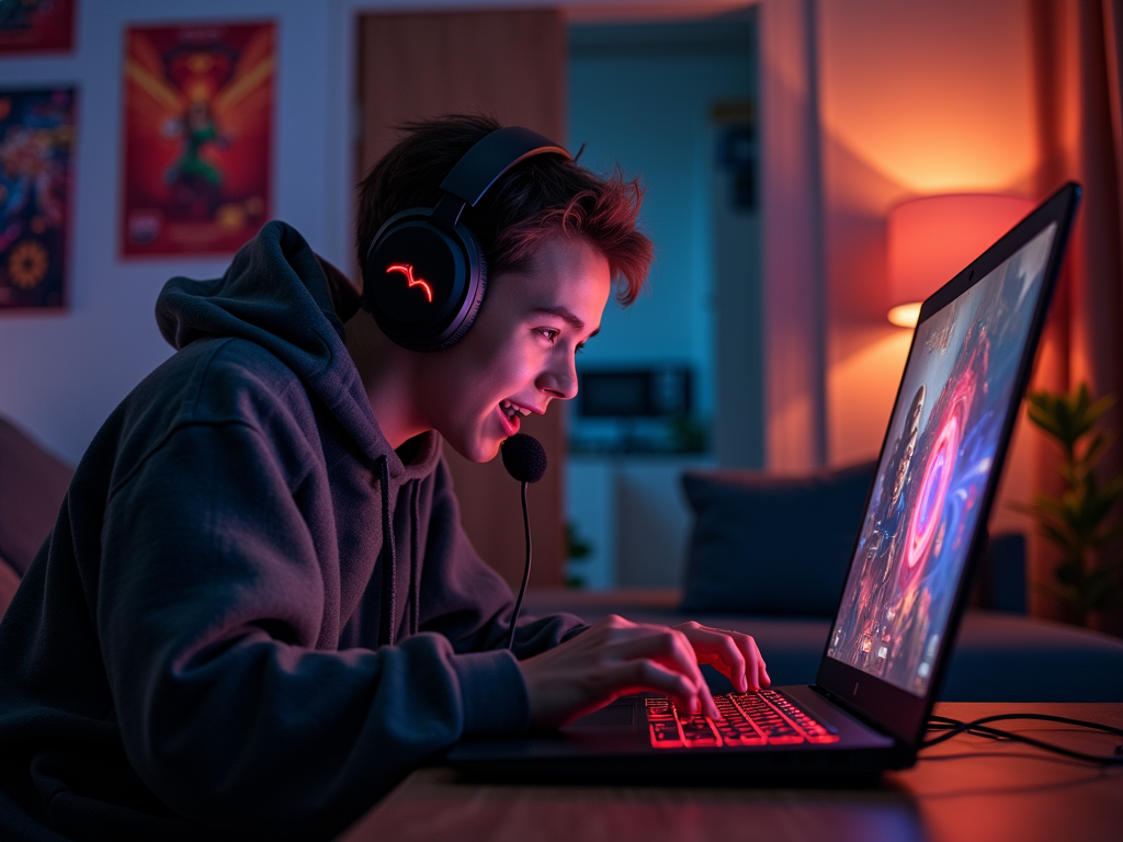 Teenager gaming on a laptop with headphones in a dimly lit room, intensely focused on the screen.