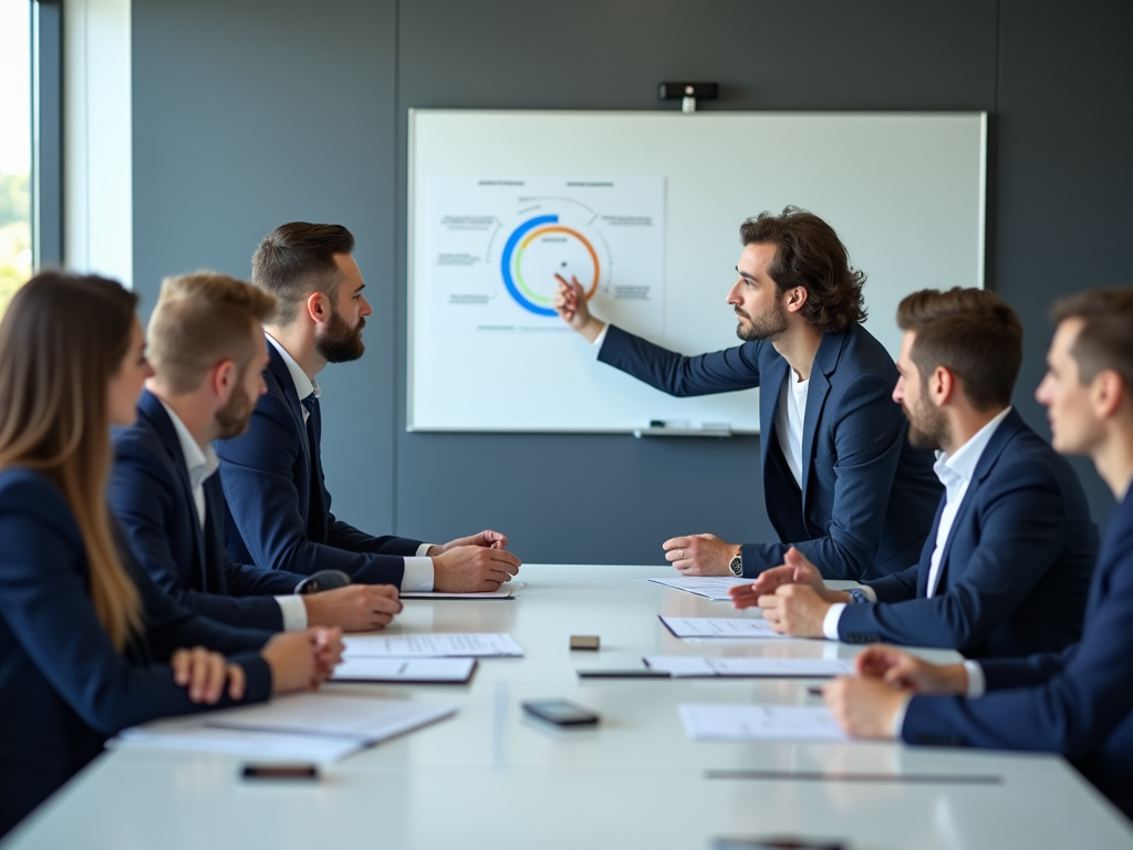 Businessman presenting a chart during a meeting with attentive colleagues in a boardroom.