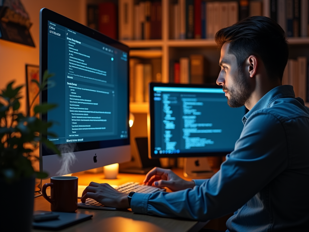 Man works on computer in a dimly lit room, surrounded by books, with a steaming coffee mug nearby.