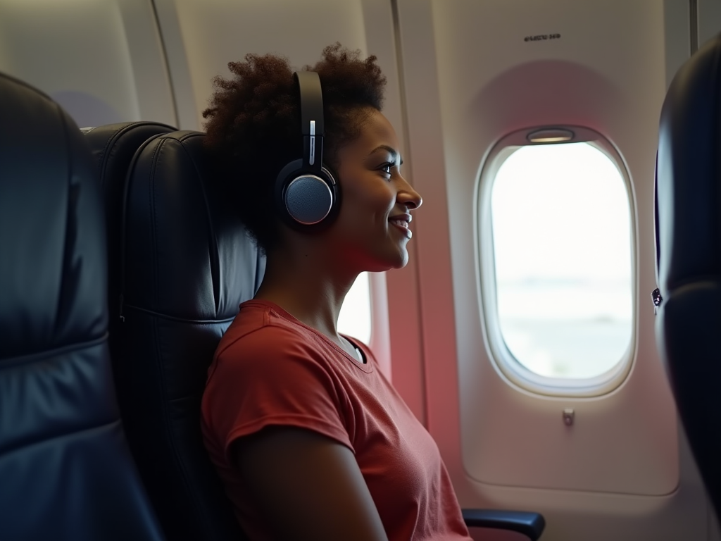 Woman in headphones smiling by airplane window.