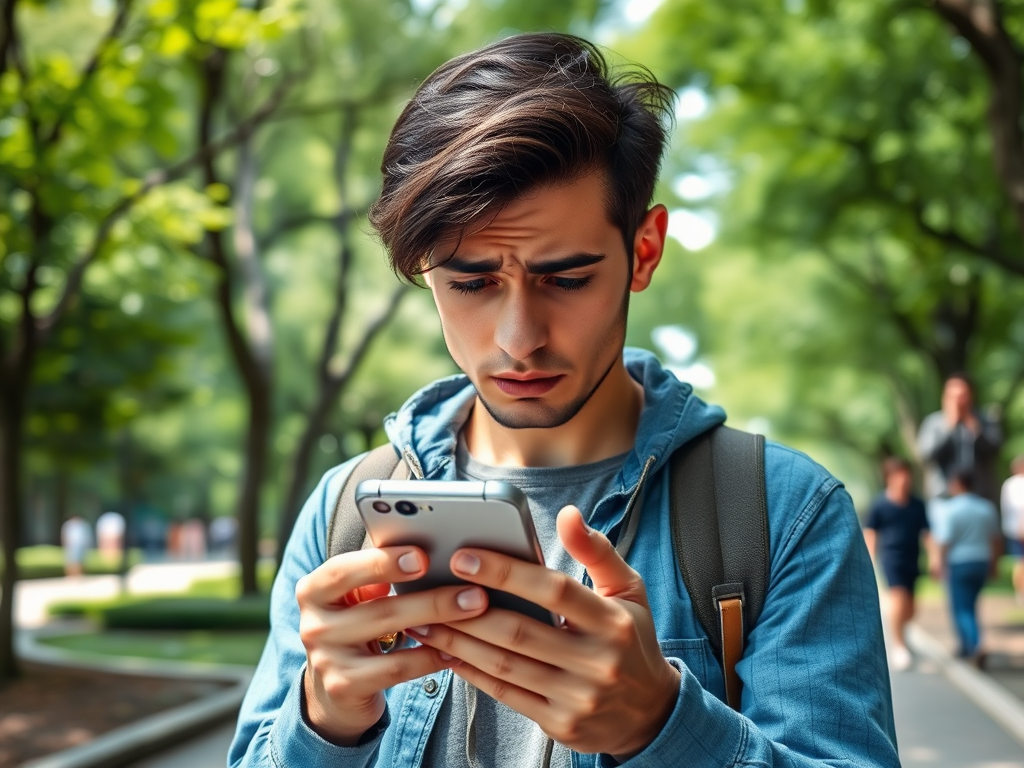A young man looks concerned while checking his phone in a park surrounded by lush greenery.