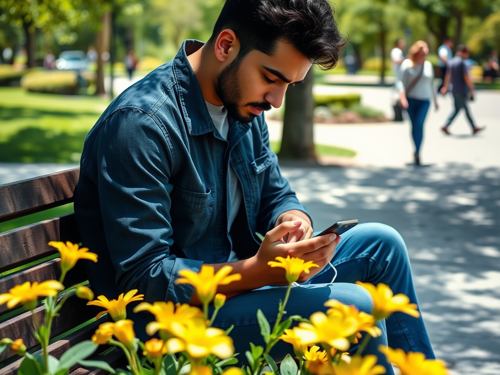 A young man sits on a bench in a park, focused on his smartphone, surrounded by blooming yellow flowers.