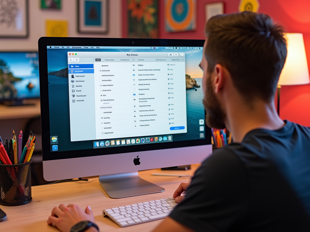 Man working on iMac in a colorful office setup, viewing a file directory.