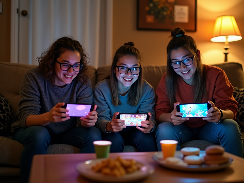 Three friends enjoying a video game on their phones, sitting on a couch with snacks at night.