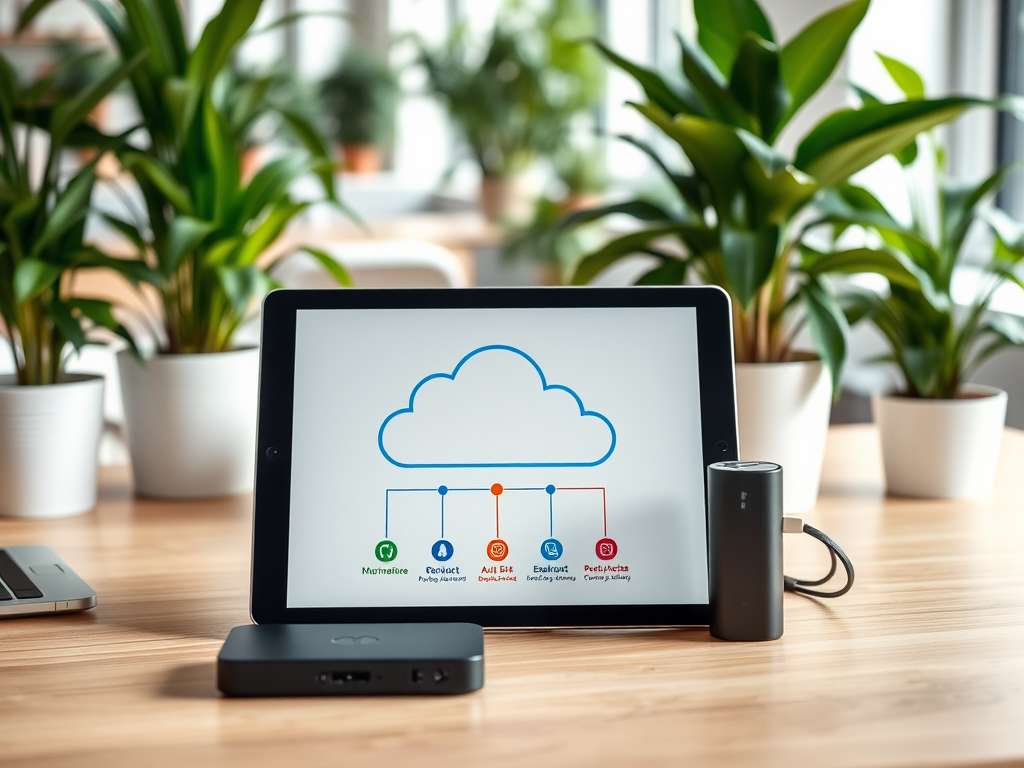 A tablet displaying a cloud graphic with icons for various services, surrounded by potted plants on a desk.