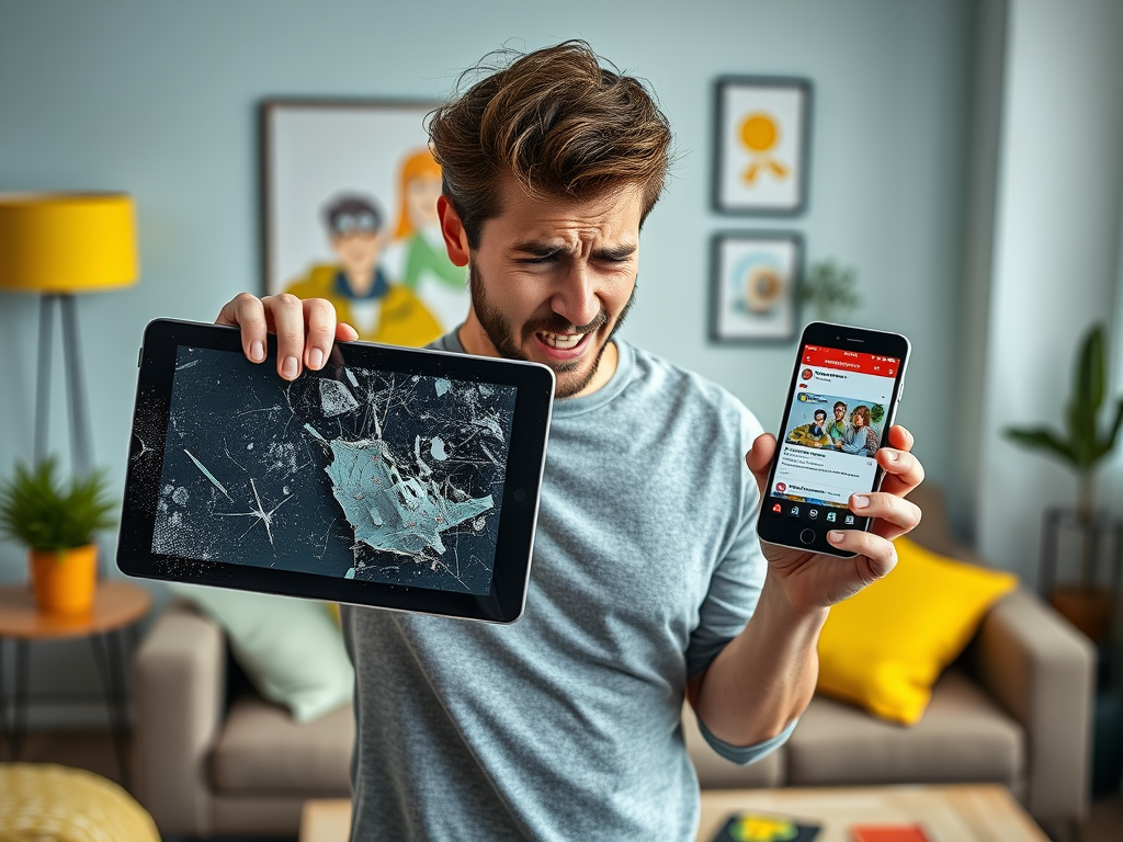 A frustrated man holds a cracked tablet in one hand and a smartphone showing a social media app in the other.