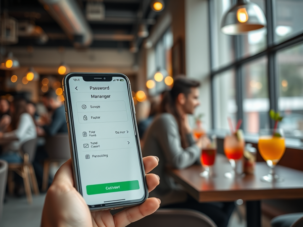 A person holding a smartphone displaying a password manager app, with a casual cafe background.
