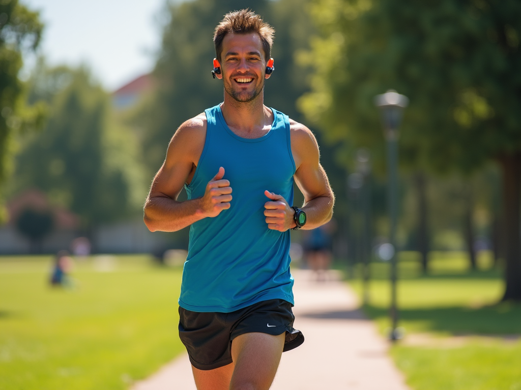 Smiling man jogging in a park wearing a blue tank top, black shorts, and listening to music on headphones.