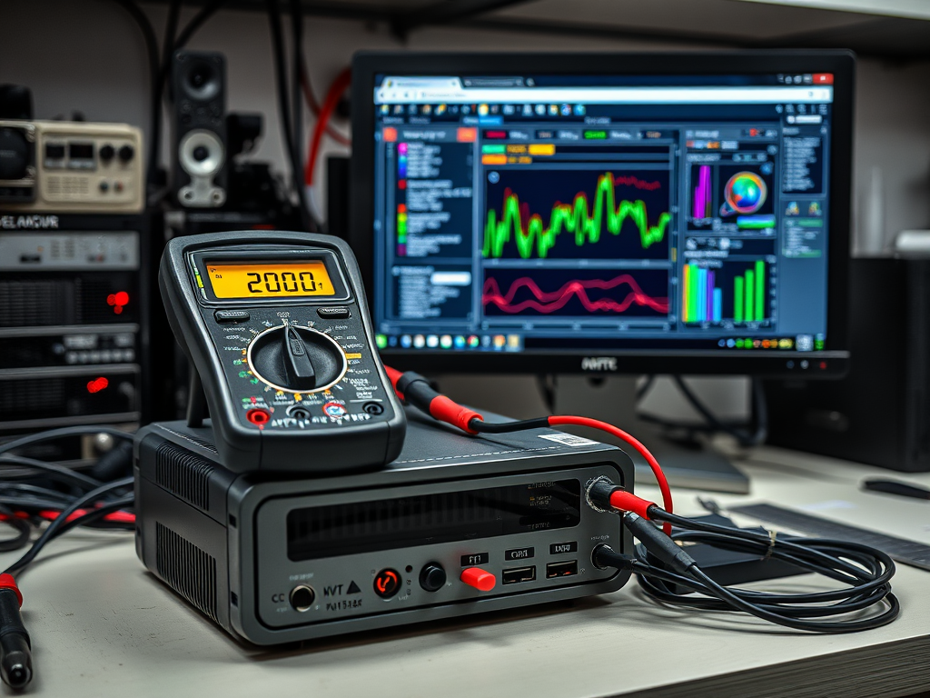 A multimeter showing 2000 on its display, connected to a device with cables, next to a computer monitor displaying graphs.