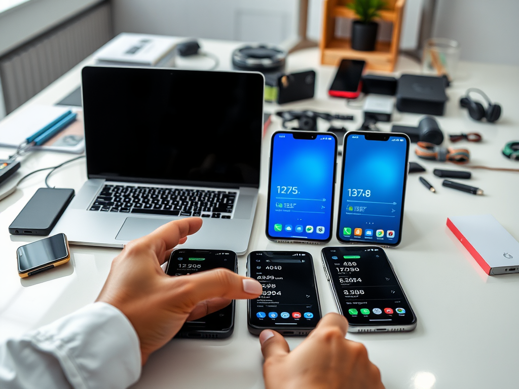 A person interacts with multiple smartphones displaying various data in a workspace with a laptop and gadgets.