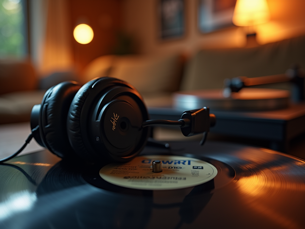 Black headphones resting on a vinyl record with a turntable and cozy room in the background.