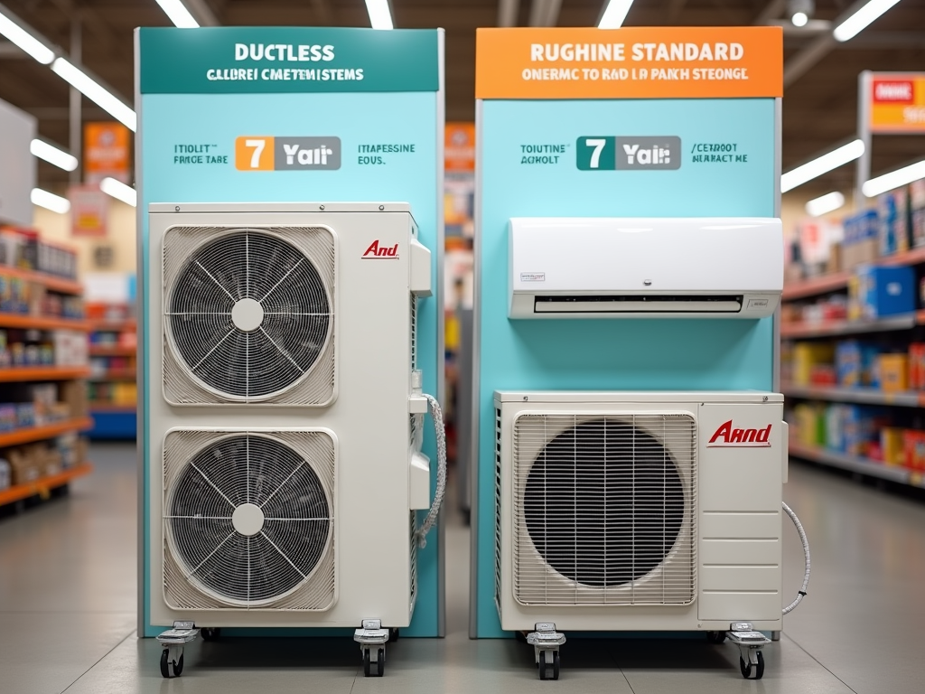 Two air conditioning units displayed in a store with signs reading "Ductless" and "Rughine Standard".