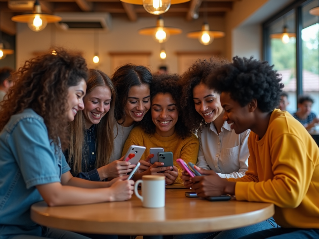 Group of five diverse women smiling and looking at smartphones in a cozy cafe.