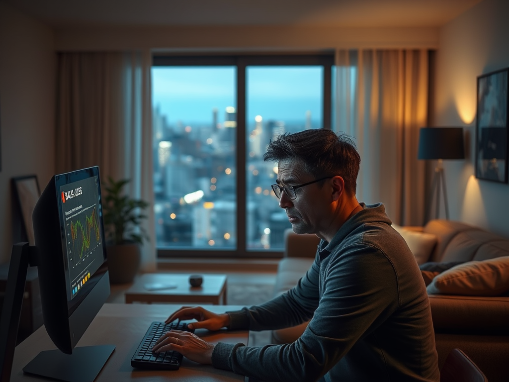 A person sitting at a desk, working on a computer screen with city lights visible through a large window.