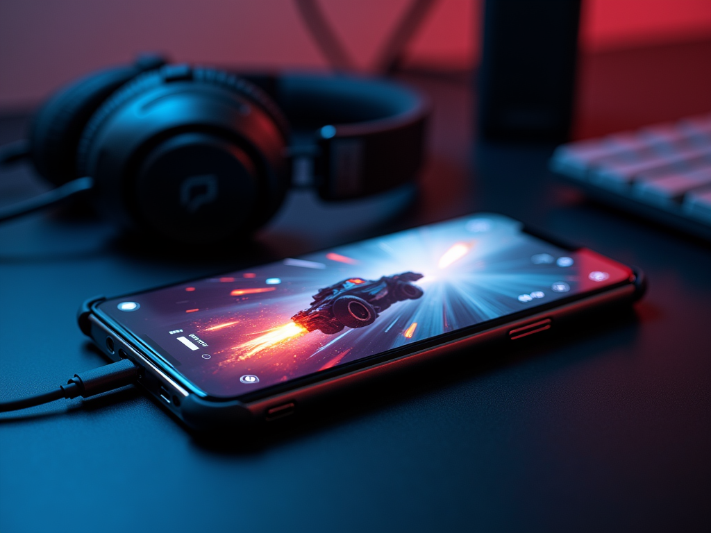 Smartphone displaying dynamic sci-fi wallpaper, connected to headphones, on a blue-lit desk.