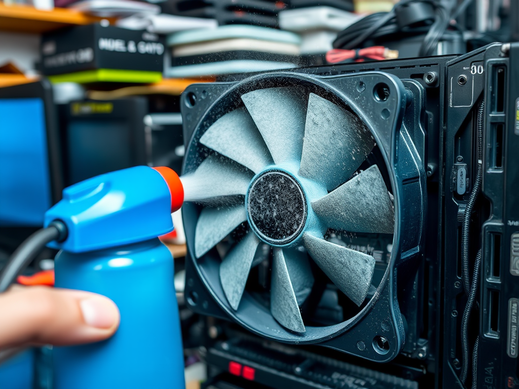 A hand holding a blue spray can cleans dust from a computer fan in a cluttered workspace.