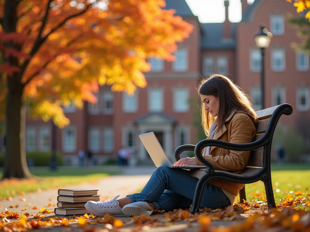 Woman studying on a park bench with a laptop, surrounded by autumn leaves and a historic building background.