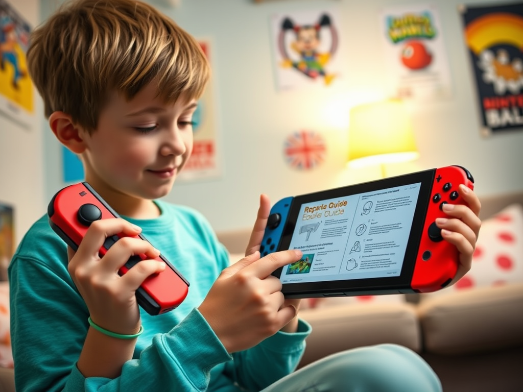 A young boy sits with a Nintendo Switch, holding a controller and exploring a gameplay guide on the screen.