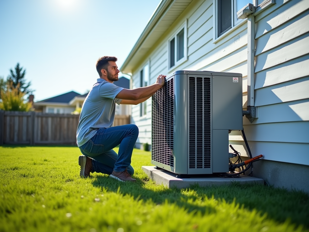 Man squatting beside a large outdoor AC unit, adjusting it near a house.