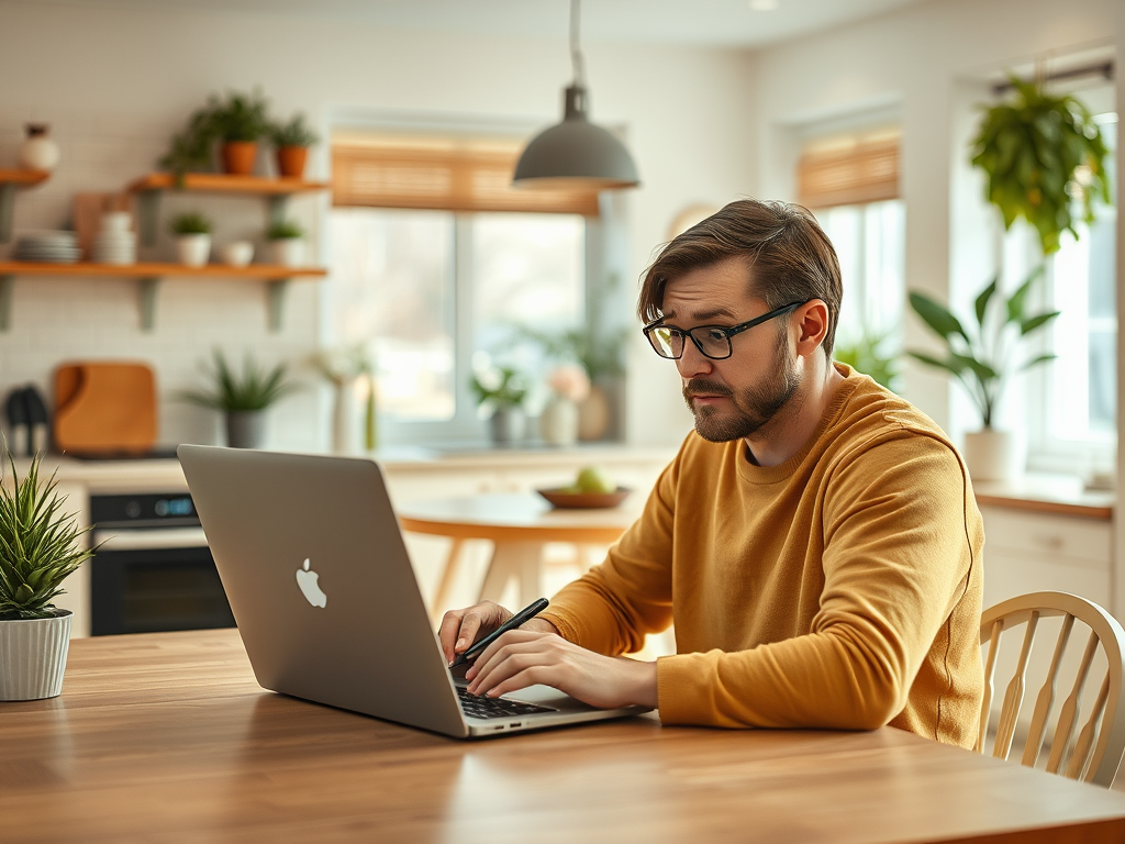 A man in a yellow sweater sits at a table, working on a laptop in a bright, plant-filled kitchen.