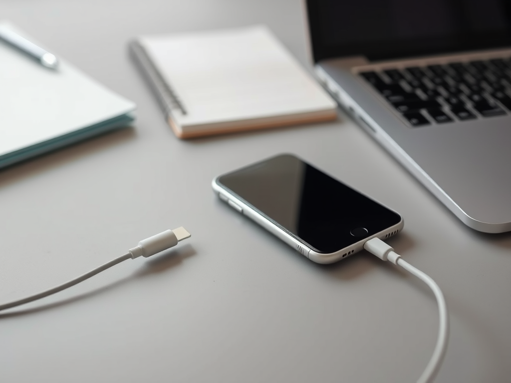 A smartphone connected to a charger, next to a laptop, notebook, and pen on a gray desk.