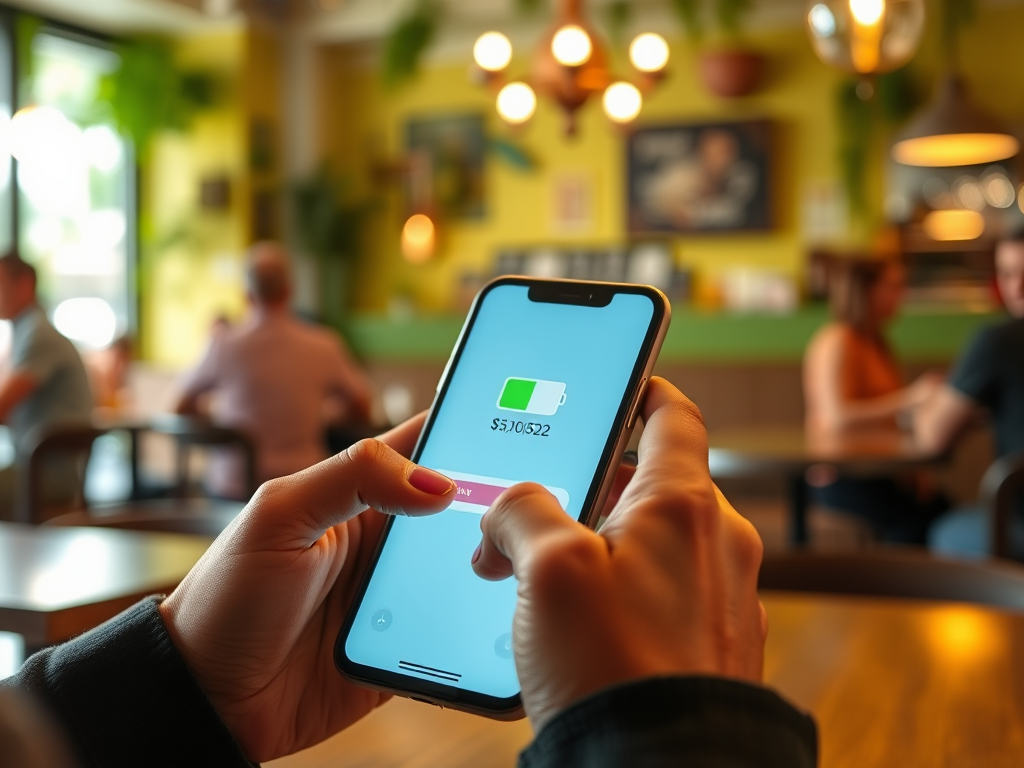 A person holds a smartphone displaying a payment amount of $5,105.22 in a lively café setting.