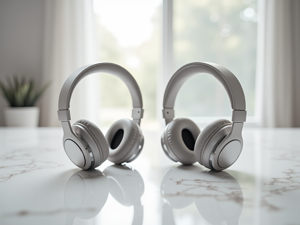 Two gray headphones on a white marble table, backlit by natural light from a window.