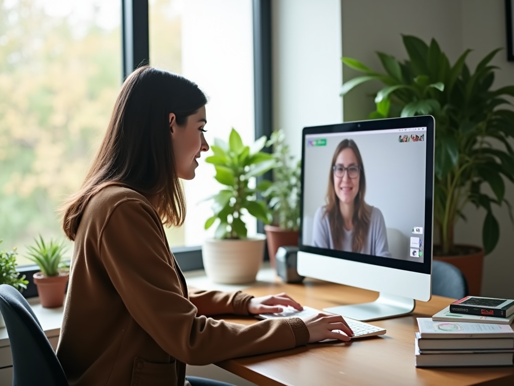 Woman in a brown jacket having a video call with another woman smiling on a computer screen.