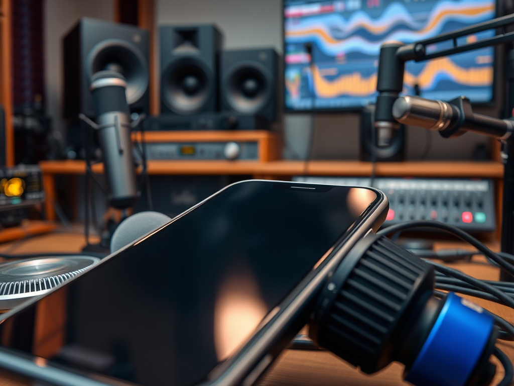 A close-up of a smartphone on a table with audio equipment and large speakers in the background.