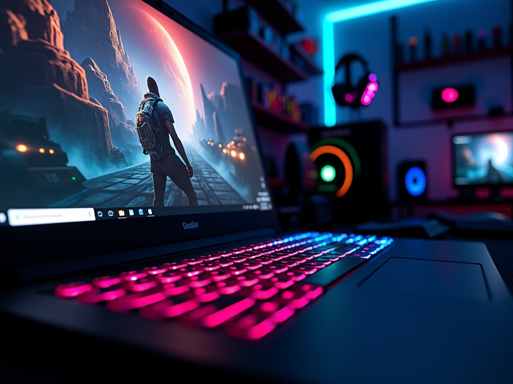 Gaming laptop keyboard with a vibrant game scene on screen in a neon-lit room.