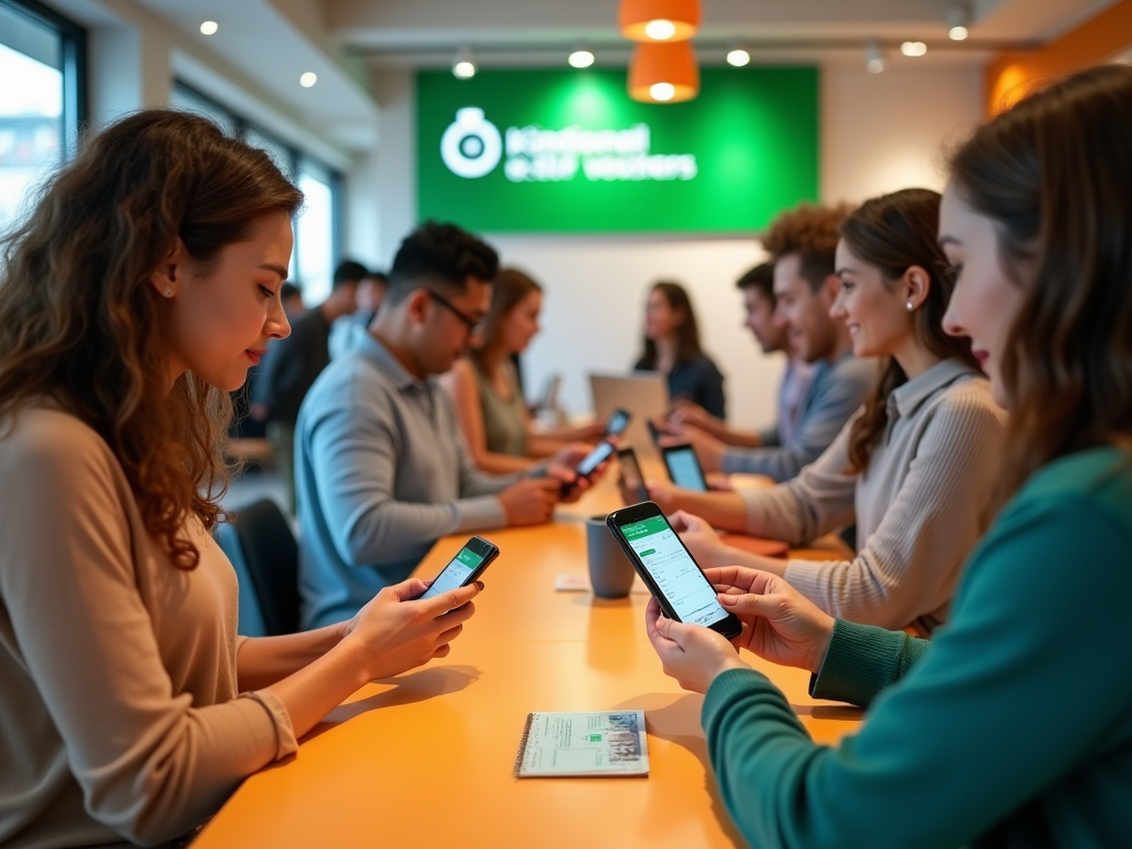 People using smartphones at a modern workshop with green logo in background.