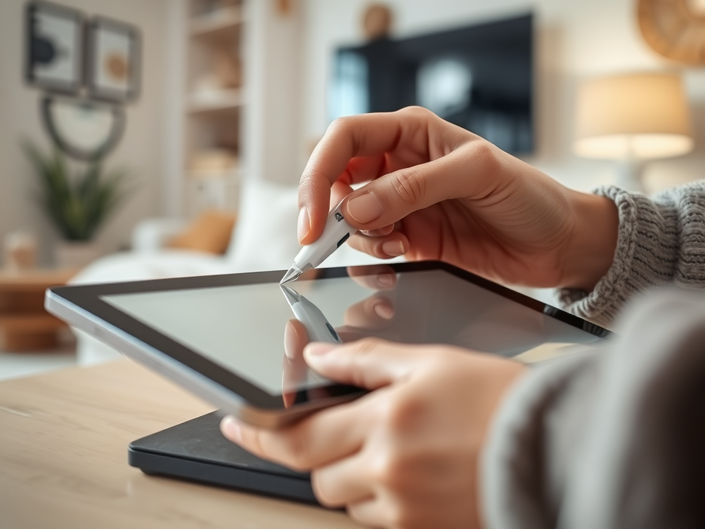 A person uses a stylus to draw on a tablet, sitting at a table in a cozy, well-lit living room.