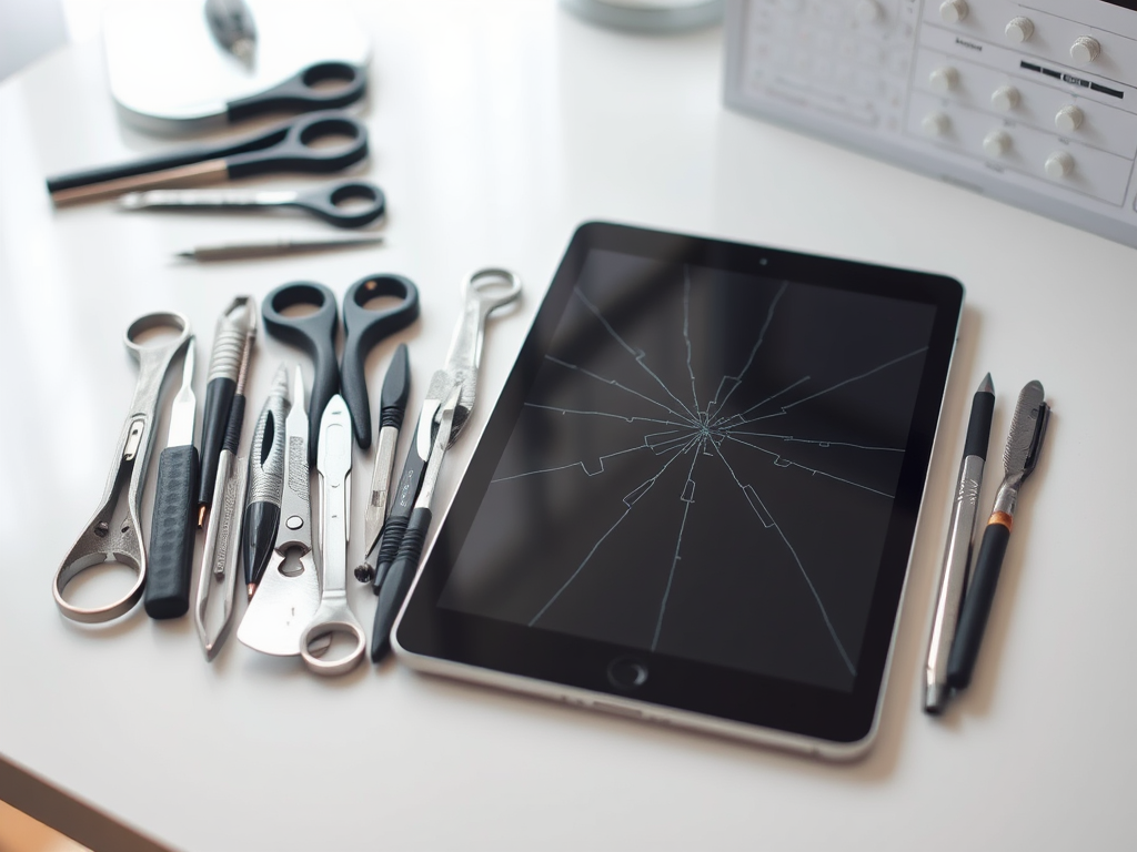 A broken tablet screen surrounded by various tools, including scissors and precision instruments, on a white table.