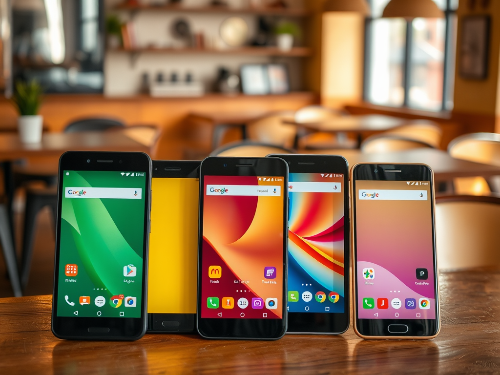 Five smartphones are displayed on a wooden table in a cozy cafe, with various app screens visible.