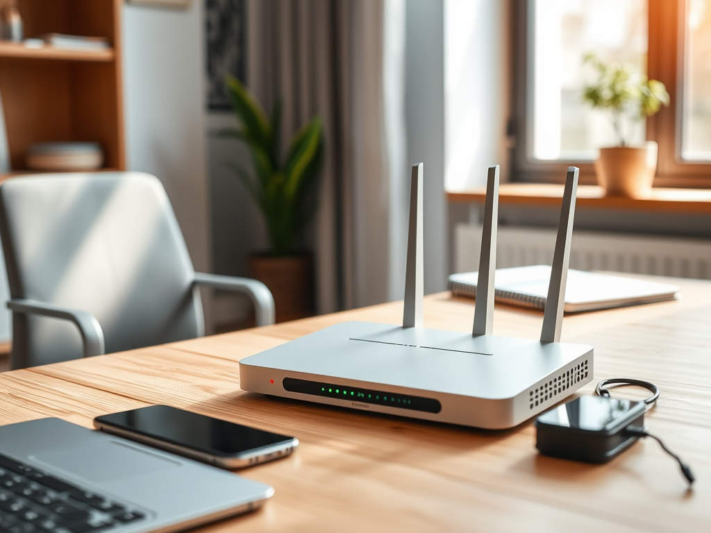 A modern Wi-Fi router with three antennas on a wooden desk next to a laptop and smartphone in a well-lit room.