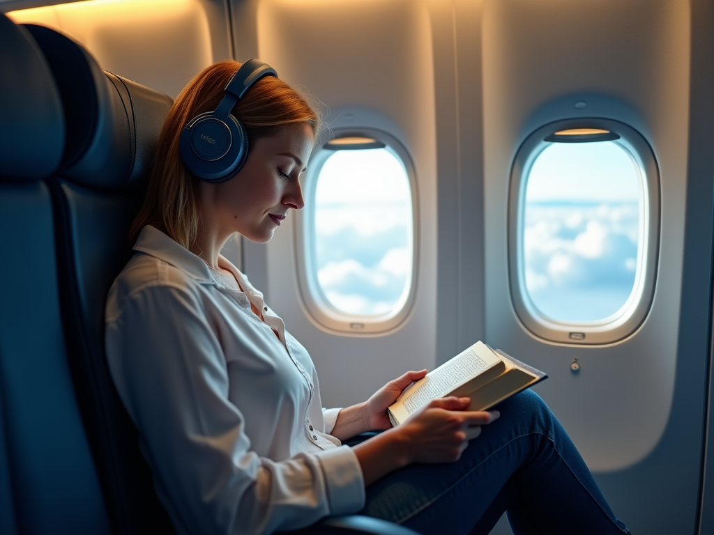 Woman reading a book with headphones on an airplane by the window.