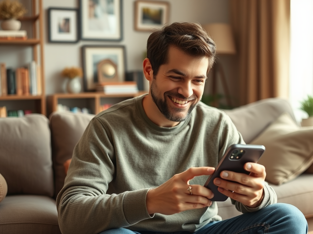 A smiling man in a cozy living room sits on a sofa, using his smartphone and enjoying his time.