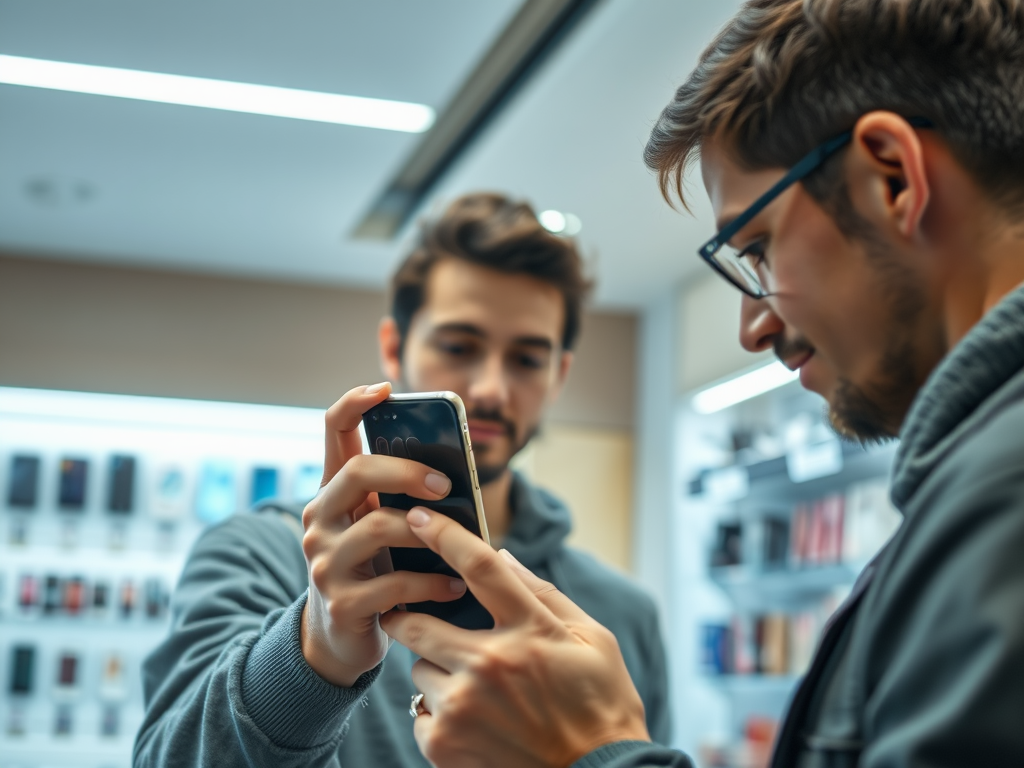 Two men in a phone store examine a smartphone, discussing its features with various devices displayed in the background.