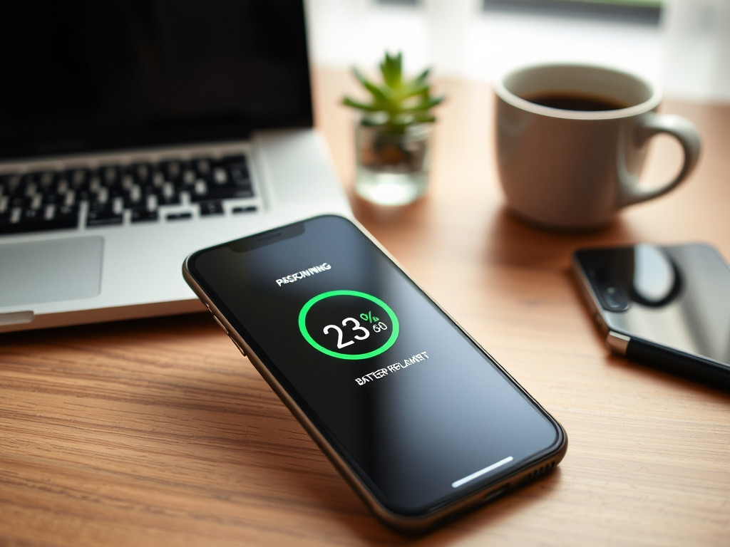 A smartphone on a desk showing a battery percentage of 23% while connected to a laptop and a coffee cup nearby.