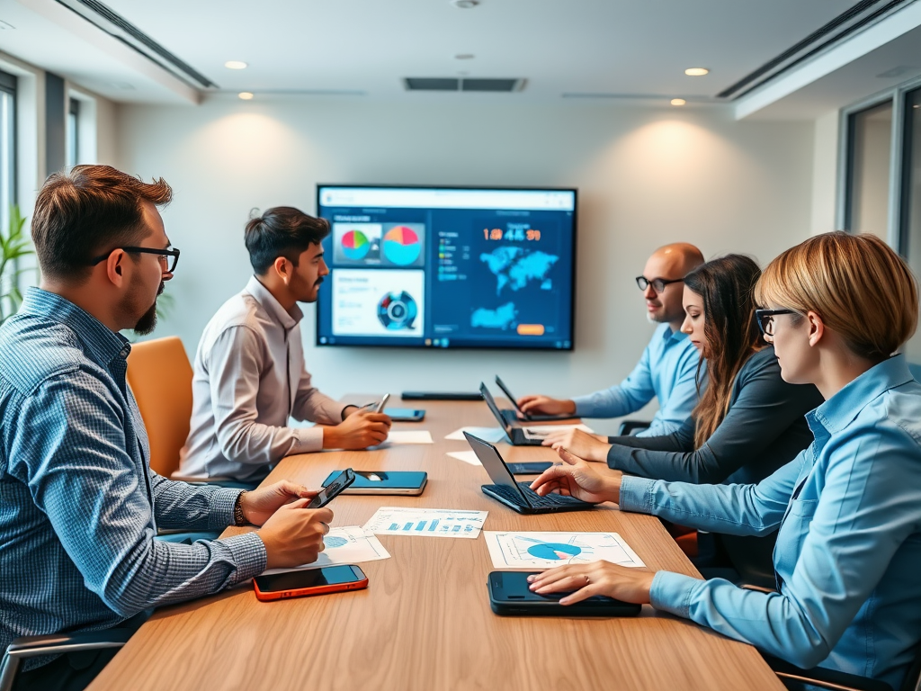 A diverse group of professionals in a meeting room, engaged with laptops and smartphones, analyzing data on a screen.