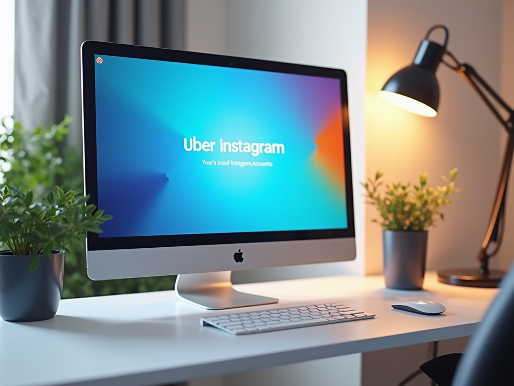 Desk with iMac showing "Uber Instagram - Your Linked Instagram Accounts," lamp, and plants.